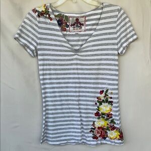 Striped Gray and White Floral Embroidered Top by Johnny Was small